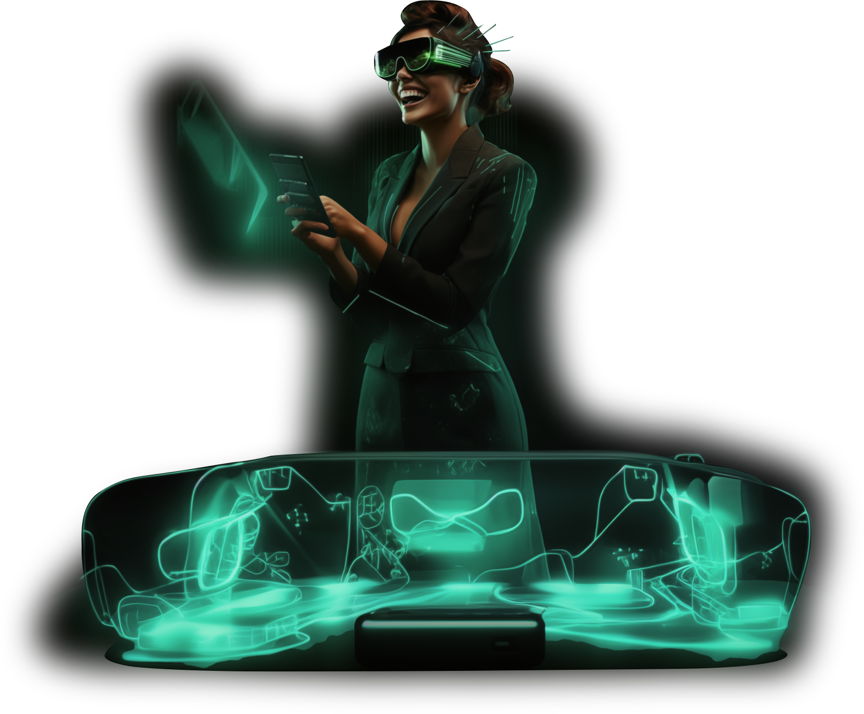 Virtuální asistentka v kostýmu a VR brýlemi